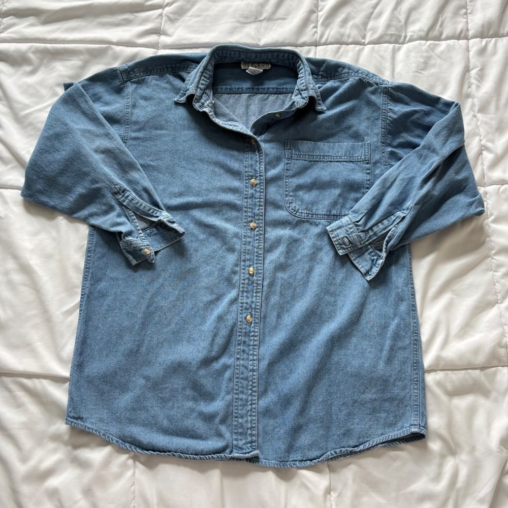 Vintage Nell Flowers 100% Cotton Denim Button Down Shirt Medium Wash Cotton XS